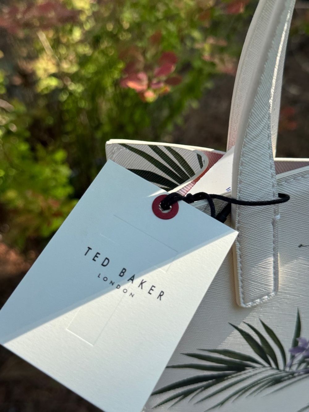 Ted Baker White Tote with Green Palm Print and Red Tag Accent